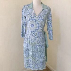 J McLaughlin Womens Catalina Cloth Wrap Dress Size XL 3/4 Sleeve Blue Yellow